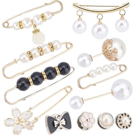 GORGECRAFT 1 Box 12 Styles Pearl Safety Pin Decorative Safety Clips Heavy Duty Faux White Pearls Rhinestone Shawl Pins Alloy Enamel Brooches for Sweater Dresses Cardigans Collar Women Supplies