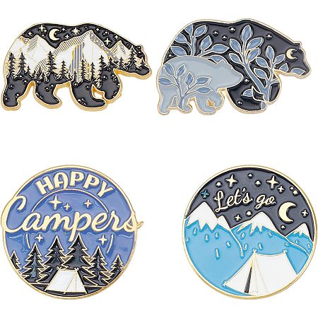 SUNNYCLUE 1 Box 4 Styles Mountain Pins Bulk Outdoors Enamel Animal Bear Night Landscape Moon Stars Tree Flat Round Alloy Brooches for Backpacks Badges Hats Bags Shirt Women Decorations