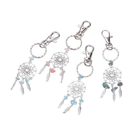 ARRICRAFT 30pcs 4 Colors Dreamcatcher Keychain Keyring with Small Lobster Claw Clasps Natural Chip Gemstone Feather Key Chain Bag Hanging Ring Ornaments Car Pendant