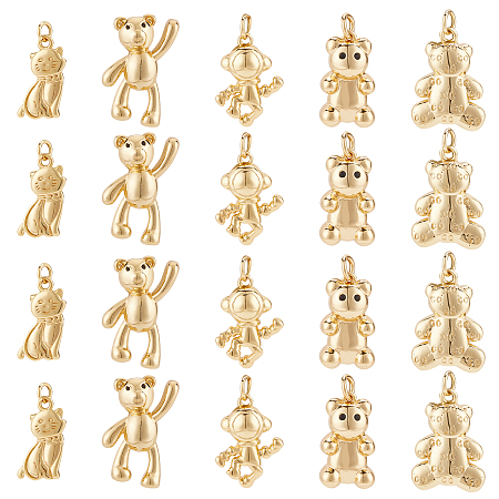 BENECREAT 20pcs 5 Style Gold Plated Bear Charms with Jump Ring, Teddy Bear Cat Astronaut Pendants Keychains for Necklace Bracelet Jewelry Making Crafts
