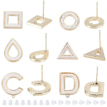 BENECREAT 12 Pcs Real 18k Gold Plated Brass Earrings 6 Mixed Styles with Hoop Earrings Including Hoop, Square and Triangle, Teardrop, Letter Shape with 30 Plastic Ear Plugs for DIY Earrings