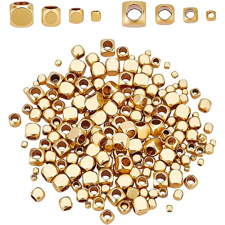 SUPERFINDINGS 200Pcs 4 Styles Cube Spacers Beads Brass Square Spacers Loose Beads Long-Lasting Plated Cube 18K Gold Plated Brass Beads,Hole:0.8~3mm