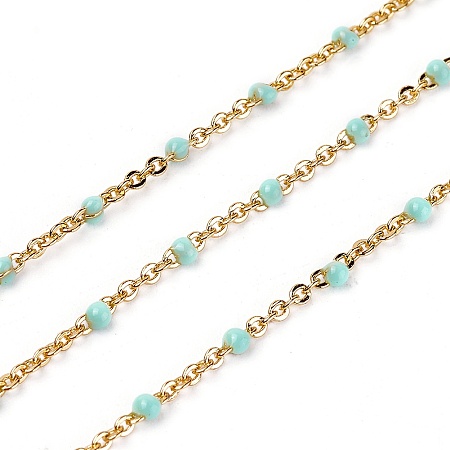 ARRICRAFT Handmade Enamel Beaded Chains, Brass Cable Chains, with Spool, Long-Lasting Plated, Soldered, Real 18K Gold Plated, Aquamarine, 1.5mm, about 32.8 Feet(10m)/roll