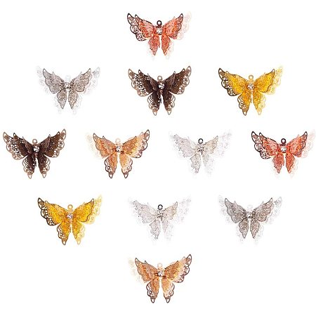 NBEADS 12 Pcs Mixed Butterfly Charms Brass Pendants with Rhinestones, 6 Assorted Colors Hollow Butterfly Pendants Charms Craft Butterfly Findings for DIY Necklace Bracelet Jewelry Crafting Making