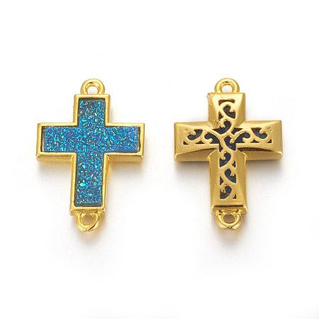 Brass Links connectors, with Druzy Resin, Golden Plated Color, Cross, Deep Sky Blue, 19.7x13.5x3.5mm, Hole: 1.2mm