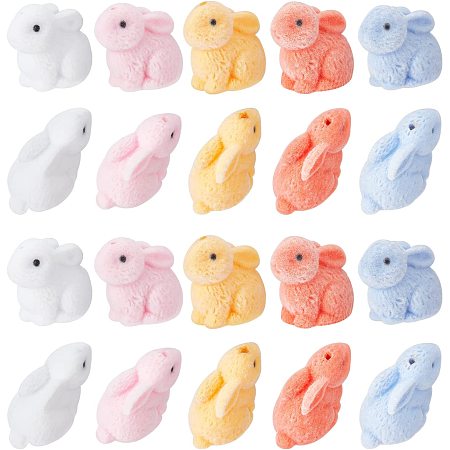 ARRICRAFT 20 Pcs 5 Colors Plush Plastic Bunny Beads, Flocky Soft Rabbit Loose Beads Half Drilled Beads for Jewelry Making Keychain Decoration