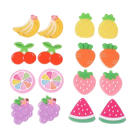 NBEADS Plastic Cabochons, with Glitter Powder, Banana, Pineapple, Cherry, Carrot, Lemon, Strawberry, Grape, Watermelon, Mixed Color, 39~45x32~41x2~2.5mm, 16pcs/set