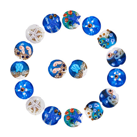 PandaHall Elite 18pcs Ocean Starfish Lampwork Flat Round Glass Beads for Bracelets and Necklaces Jewelry Making, About 20 x 11mm, Hole: 2mm