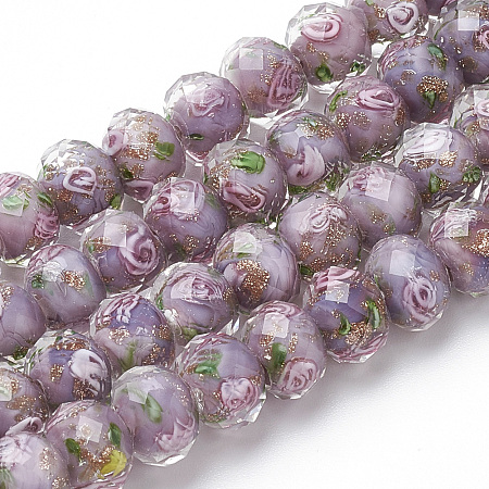 Honeyhandy Handmade Gold Sand Lampwork Beads Strands, Inner Flower, Faceted Rondelle, Medium Purple, 8x6mm, Hole: 2mm, about 70pcs/strand, 17.3 inch