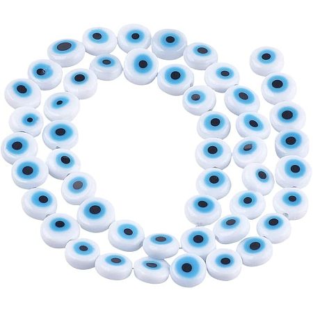 CHGCRAFT 10strands Handmade Evil Eye Lampwork Beads Strands Flat Round Shaped Charm Creamy White Color Spacer Beads for DIY Jewelry Making About 48pcs/Strand 7.5x3mm, Hole 1mm