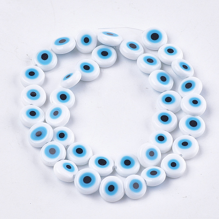 Honeyhandy Handmade Evil Eye Lampwork Beads Strands, Flat Round, Creamy White, 9.5x3.5mm, Hole: 1.2mm, about 38pcs/strand, 14.1 inch~14.5 inch