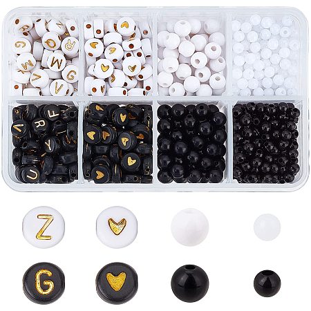 CHGCRAFT 1080Pcs Round Acrylic Alphabet Letter Beads White Black Round Bead Gold Letter Beads Round Spacer Beads for Jewelry Making,4~7x3.7~6mm