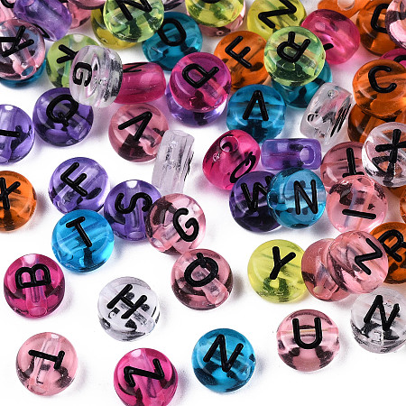 Honeyhandy Transparent Mixed Color Acrylic Beads, Horizontal Hole, Flat Round with Black Random Letter, 7x4mm, Hole: 1.8mm, about 3600~3700pcs/500g