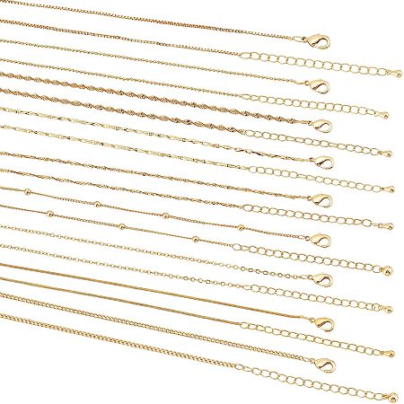 BENECREAT 9Pcs 9 Style 18K Gold Plated Brass Chain Necklaces Set, Bulk Metal Chains with 1Pc Metallic Wire Twist Ties for Jewelry Making