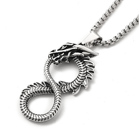 Honeyhandy Alloy Dragon Infinity Pandant Necklace with Box Chains, Gothic Jewelry for Men Women, Antique Silver, 23.62 inch(60cm)