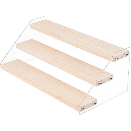 NBEADS Acrylic Display Stand, 3-Step Display Stands Showing Stand Clear Display Shelf with Iron and Wood for Crafts Showing Storage Display Collection