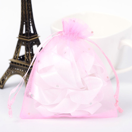 ARRICRAFT 100 Pcs 4x4.7 Inches Pink Organza Drawstring Pouches Jewelry Party Wedding Favor Gift Bags with Glitter Powder