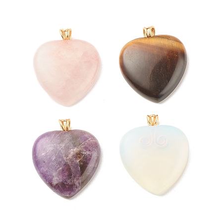 Natural & Synthetic Gemstone Pendants, with Light Gold Tone Copper Wire, Heart, 35~35.5x30x7.5~8mm, Hole: 3.6mm