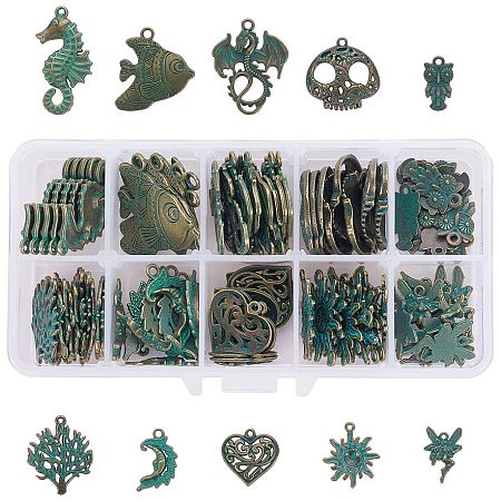 Arricraft 86pcs 10 Style Bronze Green Patina Charms Pendants Beads Charms for Necklaces Bracelet Jewelry Making(Angel, Tree, Moon, Heart, Owl)