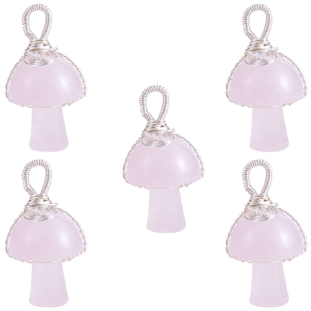 Natural Rose Quartz Pendants, Mushroom Charms, with Silver Color Plated Copper Wire Wrapped, 30x15x16mm, Hole: 5mm