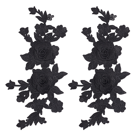 GORGECRAFT Polyester Embroidery Flower Ornament Accessories, for Cuff Colar Decoration, Black, 280x136x3mm