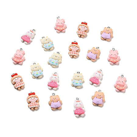 Opaque Resin Pendants, with Platinum Tone Iron Loops, Rabbit & Cat & Bear & Girl, Mixed Shapes Charm, Mixed Color, 26~29.5x16.5~20x7~8mm, Hole: 2x2.6mm