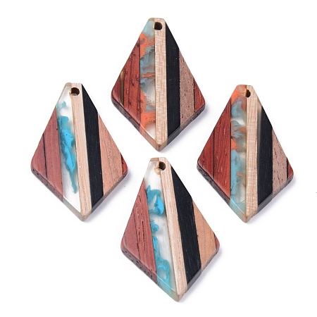 Honeyhandy Resin & Walnut Wood Pendants, Rhombus, Colorful, 33x20x2~3mm, Hole: 2mm