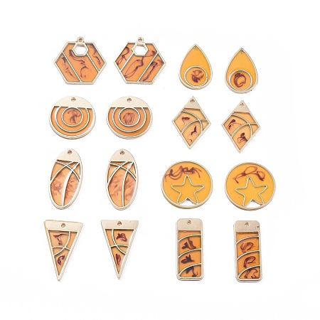 Epoxy Resin Pendants, with Golden Tone Alloy Findings, Flat Round with Star & Hexagon & Inverted Triangle & Rectangle & teardrop, & Oval & Flat Round & Rhombus, Goldenrod, 23~32x13~26.5x1.5~2mm, Hole: 0.8~3.5x5mm, 16pcs/set