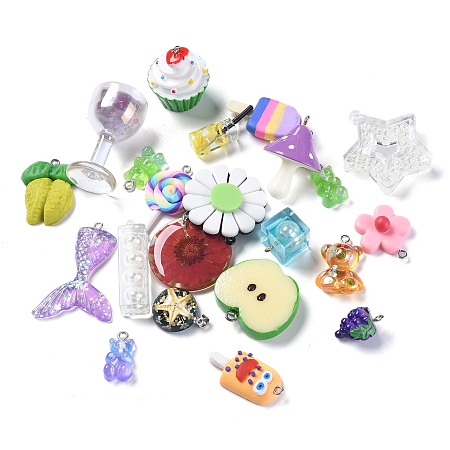 Resin & Polymer Clay Pendants, Mixed Shapes, Mix Style, Mixed Color, 19.5~42x10~34.5x4~24.5mm, Hole: 1.5~2.5mm and 3~4x3.8mm; about 33pcs/100g