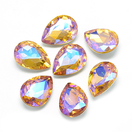 Honeyhandy Pointed Back Glass Rhinestone Cabochons, Back Plated, Faceted, AB Color Plated, teardrop, Gold, 14x10x5mm