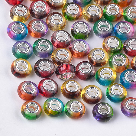 Arricraft Crackle Resin European Beads, Large Hole Beads, with Silver Color Plated Brass Cores, Rondelle, Mixed Color, 13.5~14x8.5~9mm, Hole: 5mm