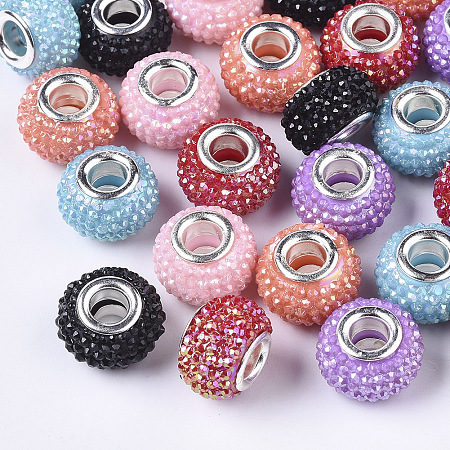 Arricraft Resin Imitation Cat Eye European Beads, Large Hole Beads, Frosted Style, with Silver Color Plated Brass Cores, Rondelle, Mixed Color, 13.5~14x8.5~9mm, Hole: 5mm