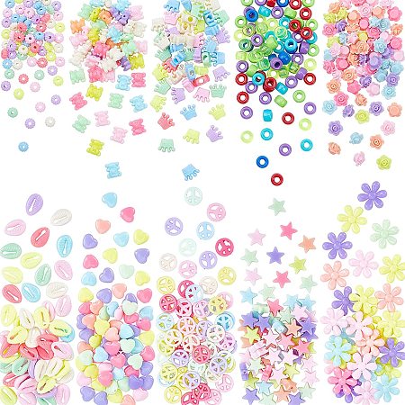 Pandahall Elite 808pcs Acrylic Beads, Heart Star Flower Shell Bear Crown Opaque Candy Color Beads Smooth Pastel Colors Spacer Pony Beads for DIY Jewelry Craft Making Necklace Bracelet Supplies