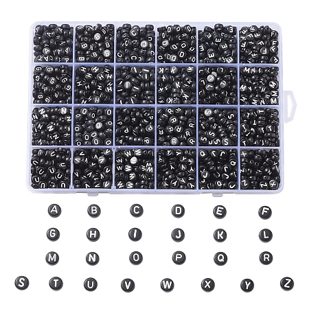 Opaque Acrylic Beads, Alphabet Style, Flat Round, Letter A~Z, 7x4mm, Hole: 1.5mm; about 1776pcs/box