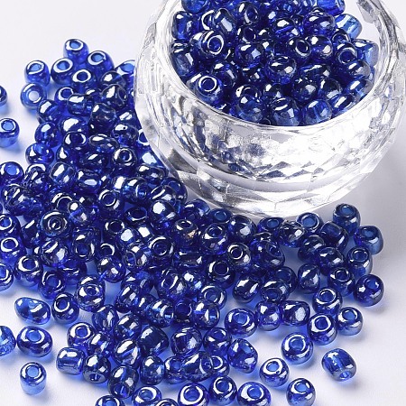 Honeyhandy Glass Seed Beads, Trans. Colours Lustered, Round, Blue, 4mm, Hole: 1.5mm, about 4500pcs/pound