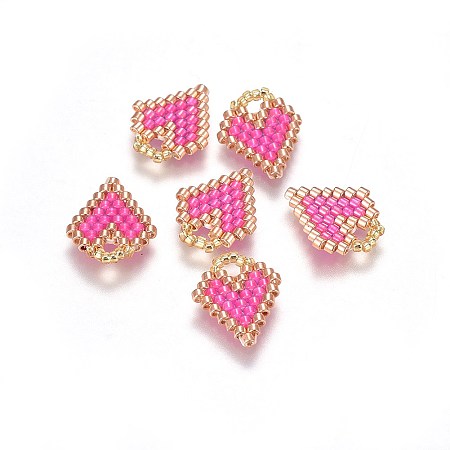 Honeyhandy MIYUKI & TOHO Handmade Japanese Seed Beads Pendants, Loom Pattern, Heart, Hot Pink, 15~16x11.5~12.5x1.7mm, Hole: 3mm