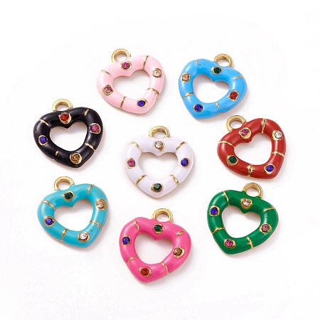 304 Stainless Steel Rhinestone Pendants, with Enamel, Golden, Heart Charm, Mixed Color, 15x13x2.5mm, Hole: 2mm
