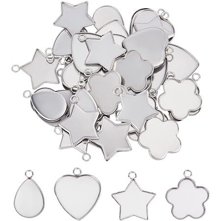 UNICRAFTALE 40Pcs 4 Styles Pendant Cabochon Settings 304 Stainless Steel Plain Edge Bezel Cup Star/Flower/Teardrop/Heart Pendant Cabochon Settings for Women Necklaces Jewelry Making