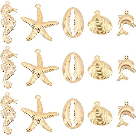 UNICRAFTALE 25pcs 5 Styles Golden Ocean Theme Charms 304 Stainless Steel Ocean Animal Pendants Hypoallergenic Charms for Bracelets Necklaces Jewellery Making