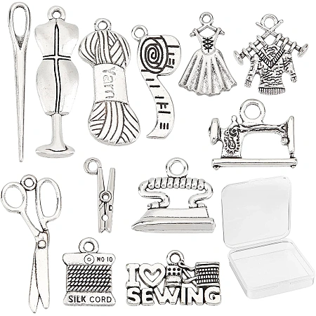 SUNNYCLUE 1 Box 72Pcs 12 Styles Tibetan Style Sewing Theme Charms Clip Needle Sweater Scissors Alloy Pendants Jewelry Dangles for DIY Earring Necklace Bracelet Jewelry Making Keychain Decor