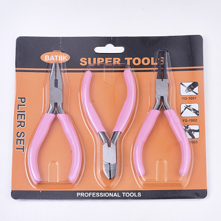 NBEADS 45# Steel Jewelry Plier Sets, Including Wire Round Nose Plier, Cutter Plier and Side Cutting Plier, Pink, 11.7x8x0.9cm, 11.7x7.5x1cm, 10.7x7x0.85cm; 3pcs/set