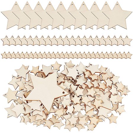 Arricraft 110 Pcs Unfinished Wooden Stars, Blank Wood Ornaments, 3 Sizes Star Slices with 2.5mm Hole Hanging Charms for Paiting and Decoration