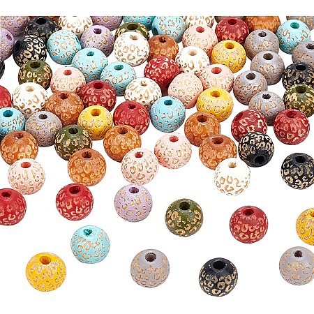 OLYCRAFT 100PCS 10 Colors Painted Natural Wood Beads Engraved Pattern 10mm Round Wood Beads Colorful Wooden Loose Beads for DIY Crafts Jewelry Making Art Project