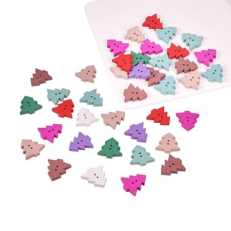 ARRICRAFT 50pcs Mixed Color Christmas Tree Dyed 2-Hole Wooden Buttons, 23x22x4mm, Hole: 2mm