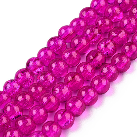 Honeyhandy Crackle Glass Beads Strands, Round, Fuchsia, 6mm, Hole: 1.3~1.6mm, about 133pcs/strand, 31.4 inch