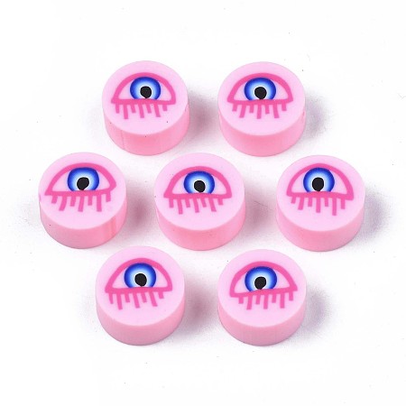 Honeyhandy Handmade Polymer Clay Beads, Flat Round with Evil Eye, Pearl Pink, 9.5~10x4.5mm, Hole: 1.6mm