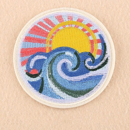 Honeyhandy Computerized Embroidery Cloth Iron on/Sew on Patches, Costume Accessories, Appliques, Flat Round with Sea Wave, Colorful, 91mm