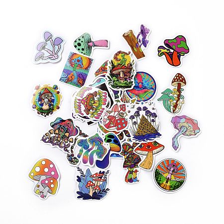 50Pcs Cartoon Mushroom Paper Sticker Label Set, Adhesive Label Stickers, for Suitcase & Skateboard & Refigerator Decor, Mixed Color, 44~68x40~63x0.3mm