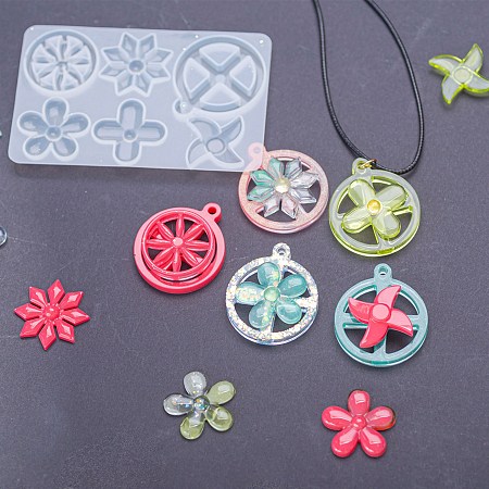 Honeyhandy Flat Round Spinning Pendant and Windmill & Snowflake & Flower & Clover & Tyre Cabochon Silicone Molds, Resin Casting Molds, for UV Resin & Epoxy Resin Jewelry Making, White, 99x63x6mm, Hole: 3mm, Inner Diameter: 27~40x27~35mm
