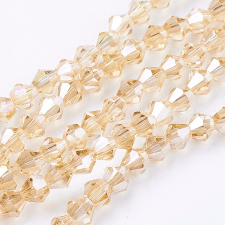 Honeyhandy Glass Beads Strands, AB Color Plated, Faceted, Bicone, Goldenrod, 4x4mm, Hole: 1mm, about 92~96pcs/strand, 13.78~14.37 inch